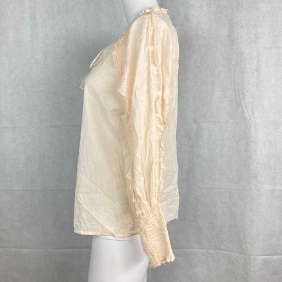 Zara Basic Shirt Womens Sz S Ivory Blush Cotton Eyelet Ruffle Peasant Blouse Top - Picture 3 of 7